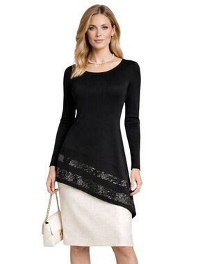 INC Black Asymmetrical Tunic Top Sequin Hem Womens Large Chic Modern Minimalist